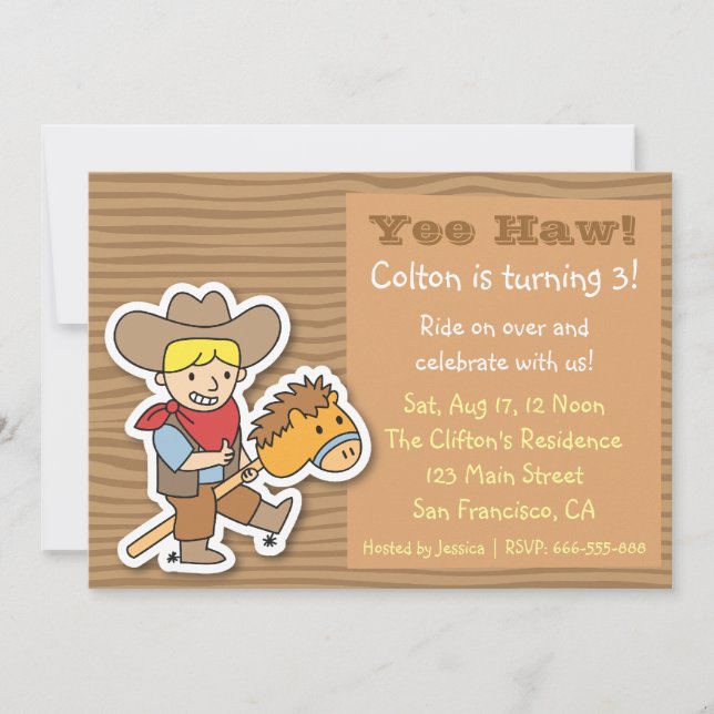 Invitación Fiesta de cumpleaños con tema de vaquero en un pal (Anverso)