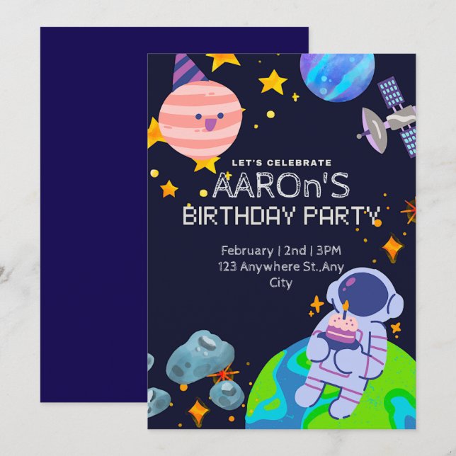 Invitación Fiesta de cumpleaños con tema espacial  (Anverso / Reverso)