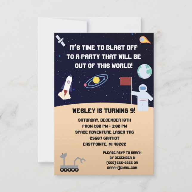 Invitación Fiesta de cumpleaños con tema espacial Invitación. (Anverso)