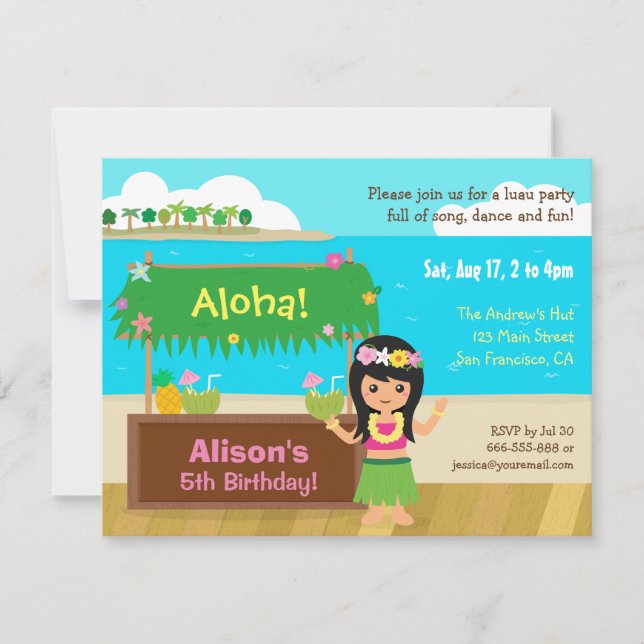 Invitación Fiesta de Cumpleaños con Tema Hawaiano de Luau con (Anverso)