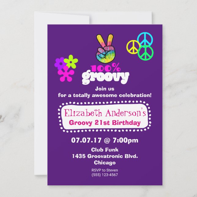 Invitación Fiesta de cumpleaños con tema hippie genial (Anverso)