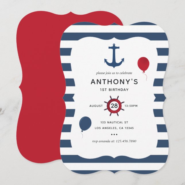 Invitación Fiesta de cumpleaños con tema náutico (Anverso / Reverso)