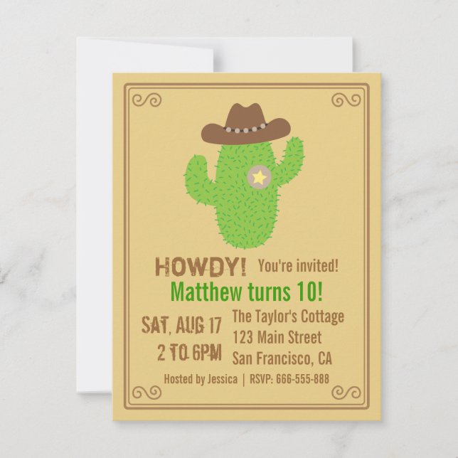 Invitación Fiesta de Cumpleaños con Tema Western de Cactus Mo (Anverso)