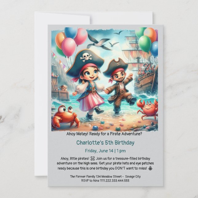 Invitación Fiesta de cumpleaños con temática pirata (Anverso)