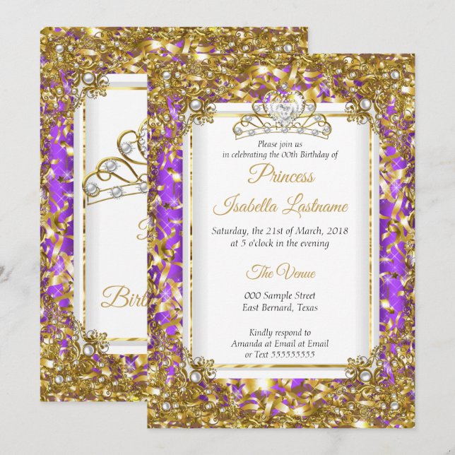 Invitación Fiesta de Cumpleaños con Tiara de Perla Blanca Dor (Anverso / Reverso)
