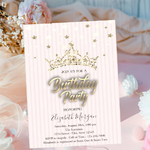 Invitación Fiesta de Cumpleaños con Tiara Dorada y Estrellas 