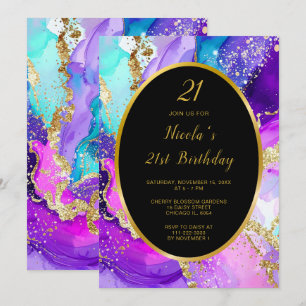 Invitación Fiesta de cumpleaños con tinta azul, morada y dora