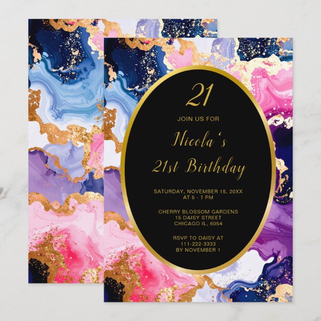 Invitación Fiesta de cumpleaños con tinta rosa, azul marino y (Anverso / Reverso)