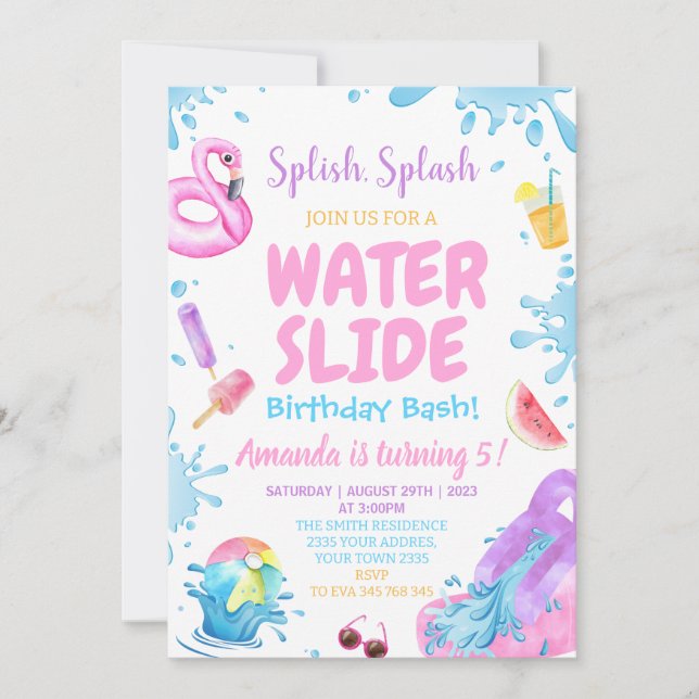 Invitación Fiesta de Cumpleaños con Tobogán de Agua en el Pat (Anverso)