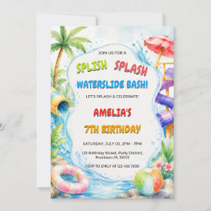 Invitación Fiesta de cumpleaños con tobogán de agua y acuarel