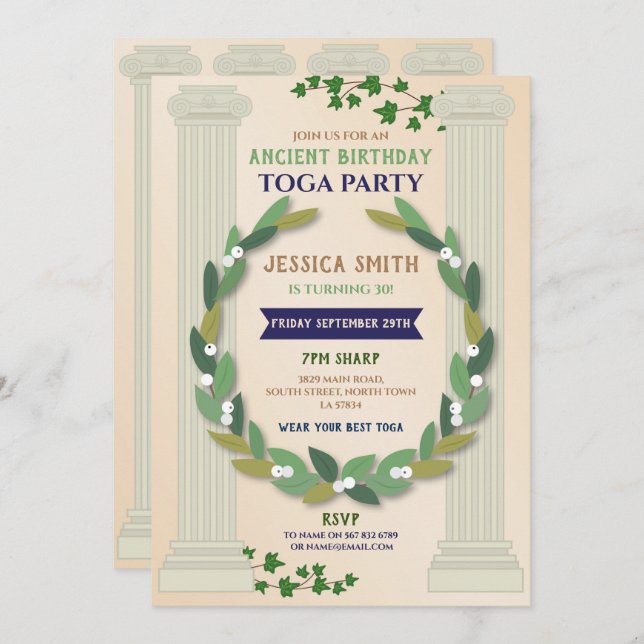 Invitación Fiesta de Cumpleaños con Toga Pergamino Ivy Romano (Anverso / Reverso)