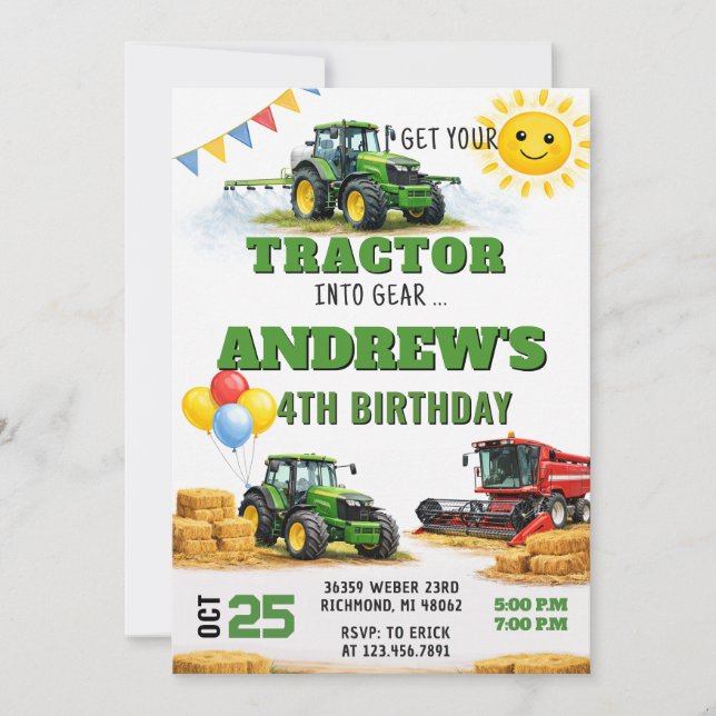 Invitación Fiesta de cumpleaños con Tractor de Rancho Persona (Anverso)