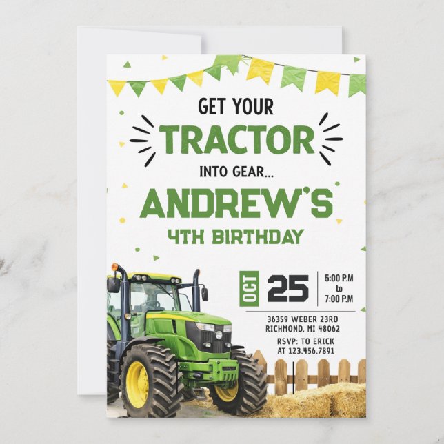 Invitación Fiesta de cumpleaños con tractor moderno personali (Anverso)