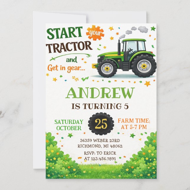 Invitación Fiesta de cumpleaños con Tractor Personal (Anverso)