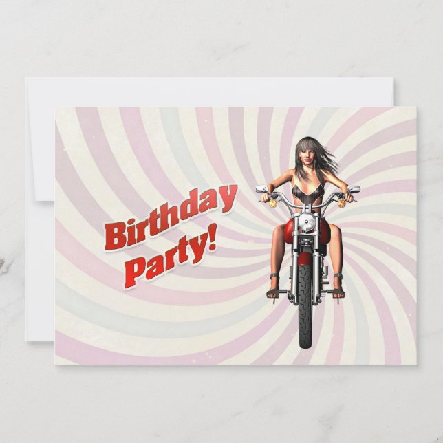 Invitación Fiesta de cumpleaños con un chica en motocicleta (Anverso)