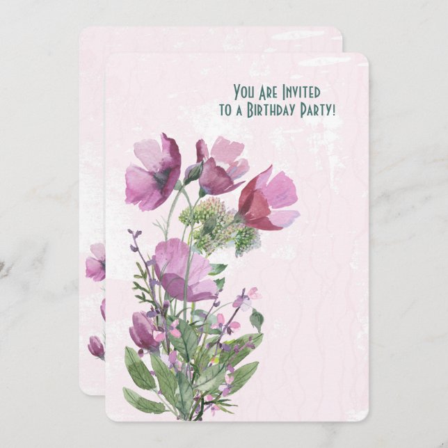 Invitación Fiesta de cumpleaños con un ramo de adormidera ros (Anverso / Reverso)