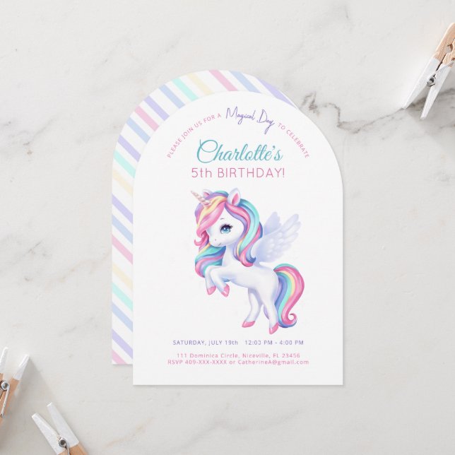Invitación Fiesta de cumpleaños con unicornio. (Anverso/Reverso In Situ)