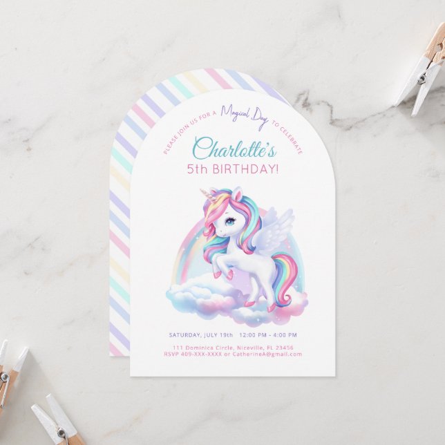 Invitación Fiesta de cumpleaños con unicornio. (Anverso/Reverso In Situ)