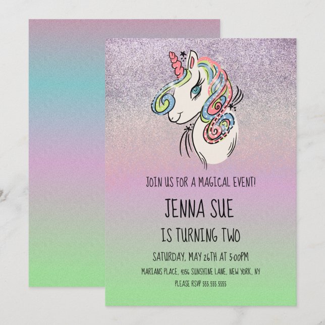 Invitación Fiesta de Cumpleaños con Unicornio Dibujado a Mano (Anverso / Reverso)