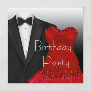 Invitación Fiesta de cumpleaños con vestido rojo y esmoquin n