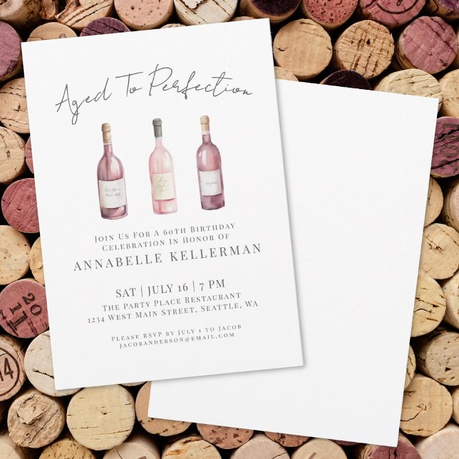 Invitación Fiesta de Cumpleaños con Vino Rosa Elegante (Wine Simple Sixty 60th Birthday Party Invitation)