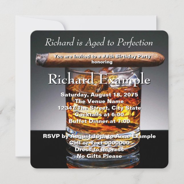 Invitación Fiesta de cumpleaños con Whiskey y Cigarro (Anverso)