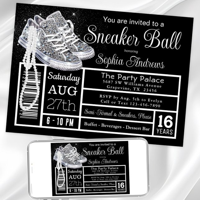 Invitación Fiesta de Cumpleaños con Zapatillas Chucks Perlas  (Chucks and pearls any event sneaker invitation. Instant download and printed invitations available.)