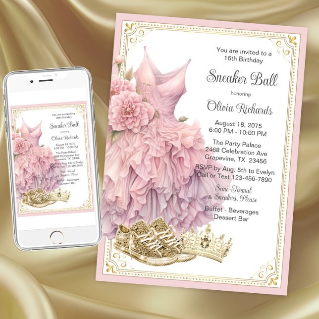 Invitación Fiesta de Cumpleaños con Zapatillas de Baile de Or (Pink gold sneaker ball invitation. Instant download and printed invitations available.)
