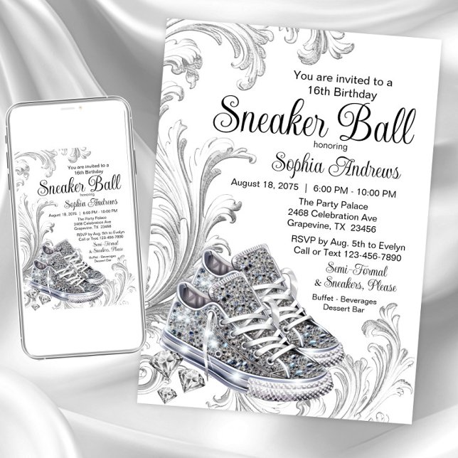 Invitación Fiesta de cumpleaños con zapatillas de diamantes b (Diamond sneakers sneaker ball invitation. Available for instant download and print.)