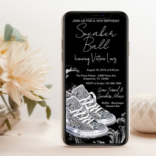 Invitación Fiesta de cumpleaños con zapatillas de diamantes y (Smartphone sneaker ball invitation. You can change the background color, wording, font, font color.)