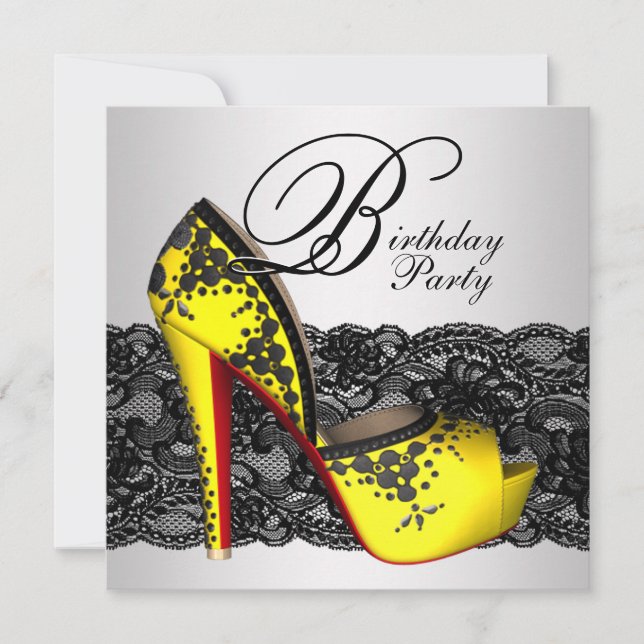 Invitación Fiesta de Cumpleaños con Zapatos de Tacón Alto Neg (Anverso)