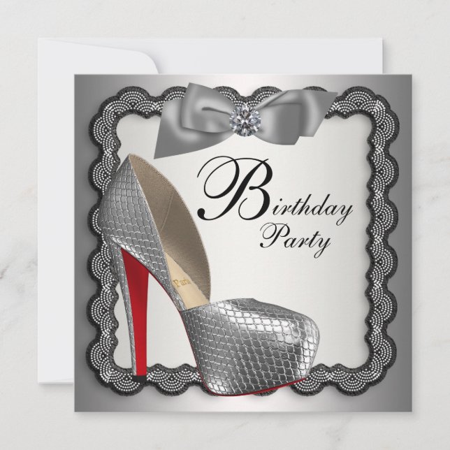 Invitación Fiesta de Cumpleaños con Zapatos de Tacón Alto Neg (Anverso)