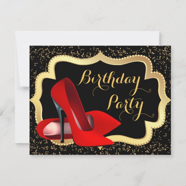 Invitación Fiesta de Cumpleaños con Zapatos Rojos de Tacón Al (Anverso)