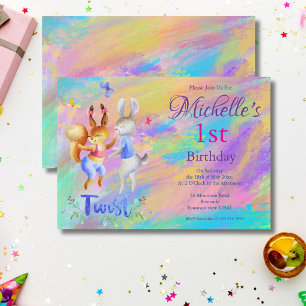 Invitación Fiesta de Cumpleaños Conejos Bailarines Rosa 1er C