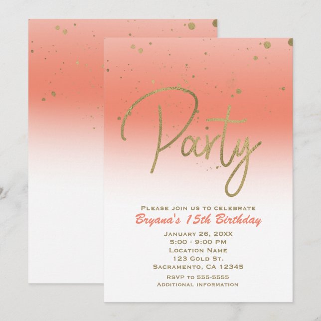 Invitación Fiesta de Cumpleaños Confeti Moderno Glam Coral y  (Anverso / Reverso)