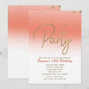 Invitación Fiesta de Cumpleaños Confeti Moderno Glam Coral y 