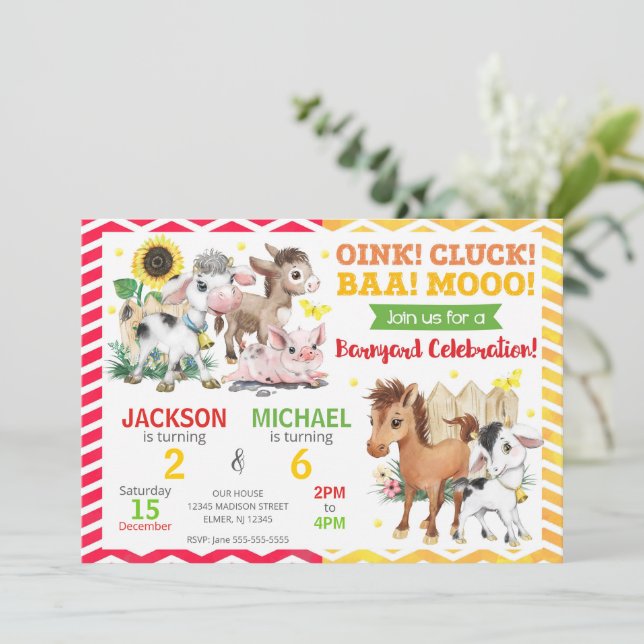 Invitación Fiesta de Cumpleaños Conjunta de Animales de Granj (Anverso de pie)