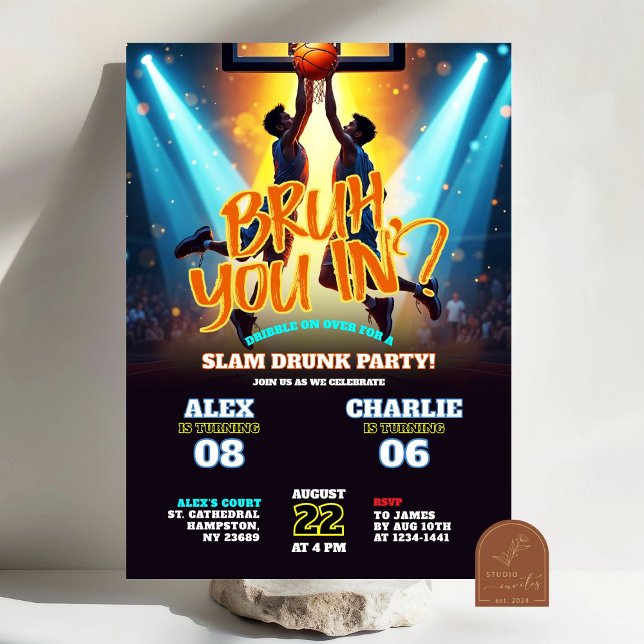 Invitación Fiesta de Cumpleaños Conjunta de Baloncesto Neon B (Subido por el creador)