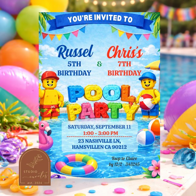 Invitación Fiesta de Cumpleaños Conjunta de Chicos en Piscina (Subido por el creador)