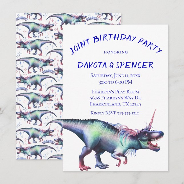 Invitación Fiesta de cumpleaños conjunta de Dinocorn | Dinosa (Anverso / Reverso)