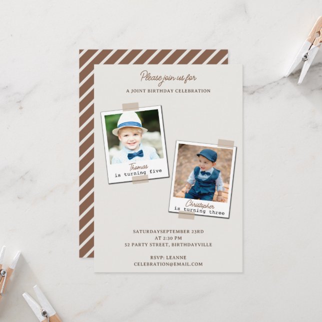 Invitación Fiesta de cumpleaños conjunta de doble foto neutra (Anverso/Reverso In Situ)
