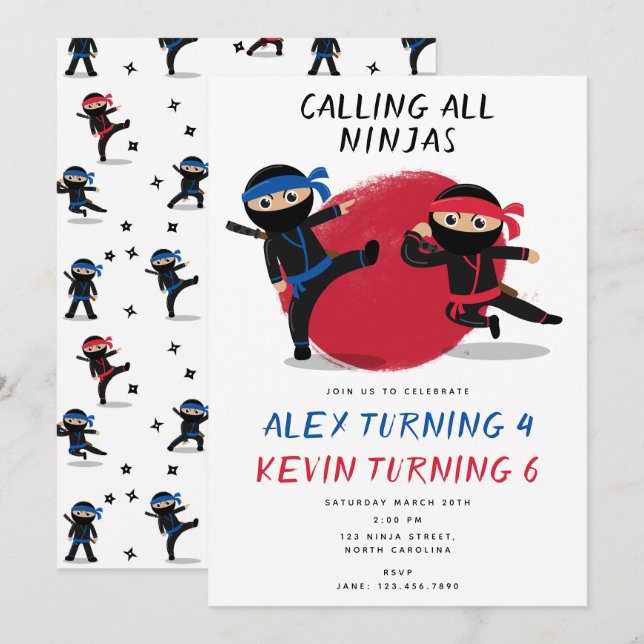 Invitación Fiesta de cumpleaños conjunta de Karate para niños (Anverso / Reverso)