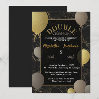Invitación Fiesta de cumpleaños conjunta de mármol negro dora