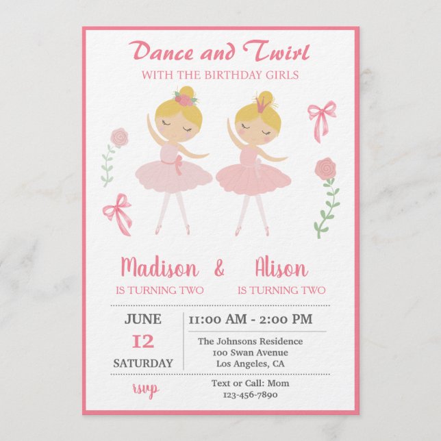 Invitación Fiesta de Cumpleaños Conjunta de Niña Bailarina (Anverso)