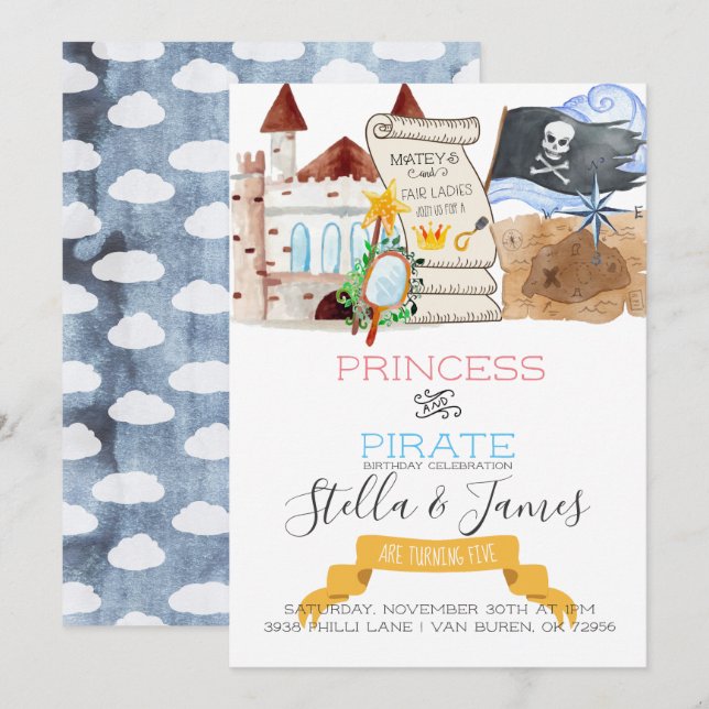Invitación Fiesta de cumpleaños conjunta de Princesa y Pirata (Anverso / Reverso)
