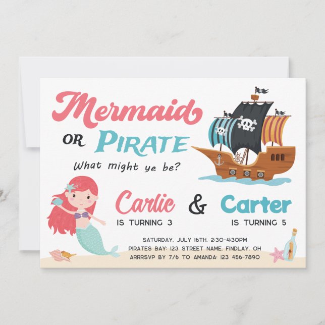 Invitación Fiesta de cumpleaños conjunta de Sirena y Pirata,  (Anverso)