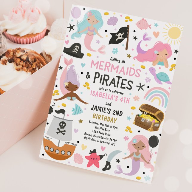 Invitación Fiesta De Cumpleaños Conjunta De Sirenas Y Hermano (Subido por el creador)