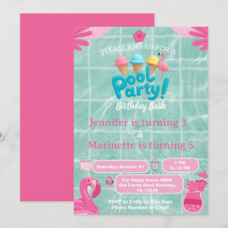 Invitación Fiesta de cumpleaños conjunta en la piscina Splash