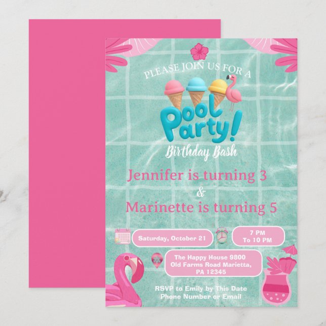 Invitación Fiesta de cumpleaños conjunta en la piscina Splash (Anverso / Reverso)