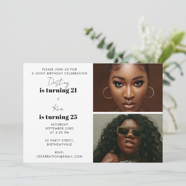 Invitación Fiesta de cumpleaños conjunta moderna doble foto (Anverso de pie)